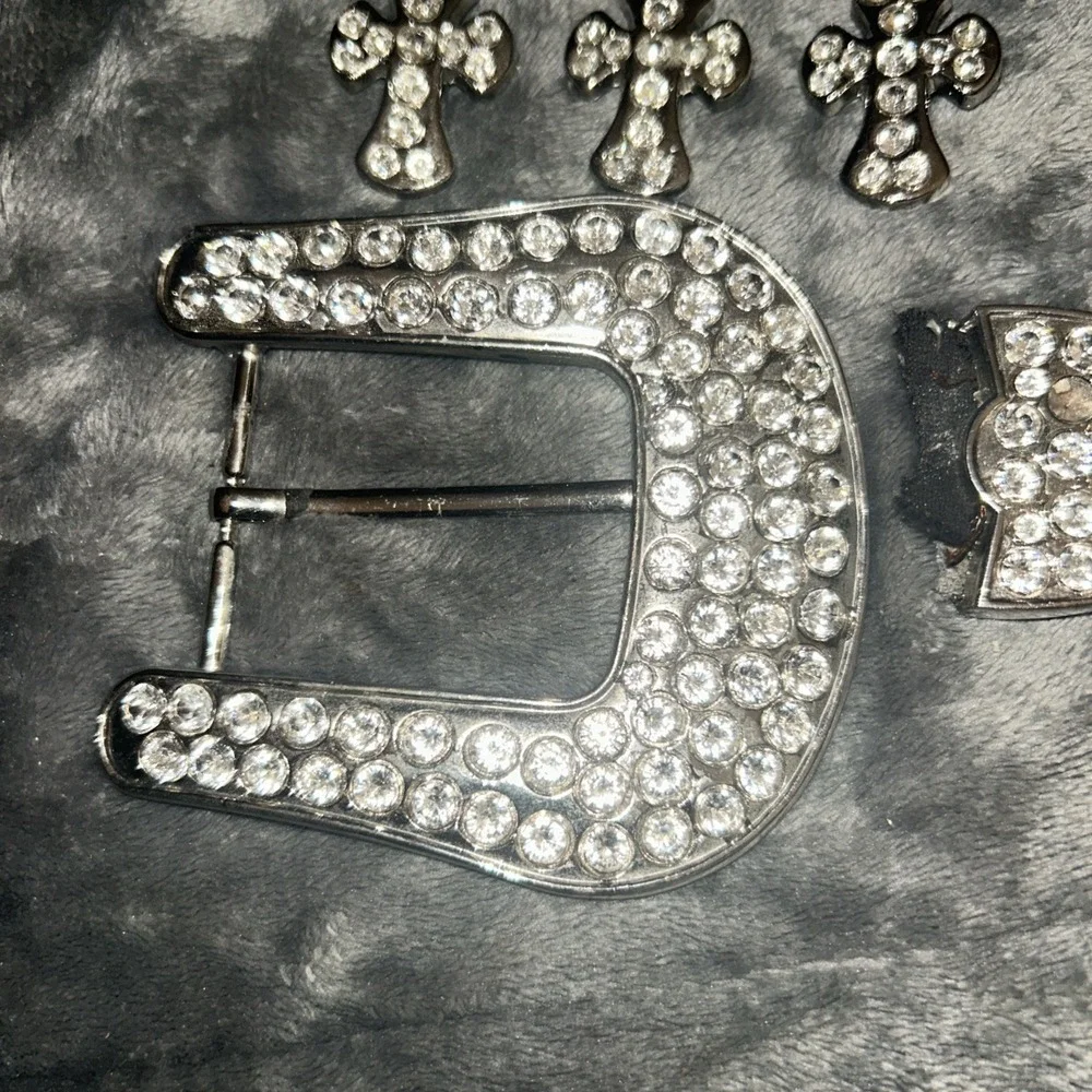 Rhinestone Western Belt Buckle Set Crosses Arrowhead‎ Silver Tone Bling Rodeo